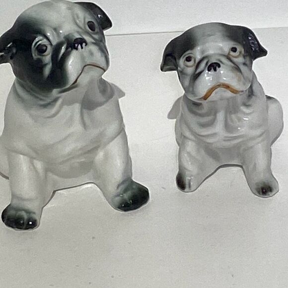 Set Of 2 Black White Glossy Finish Bulldog Figurines 4" 3" - Picture 1 of 9